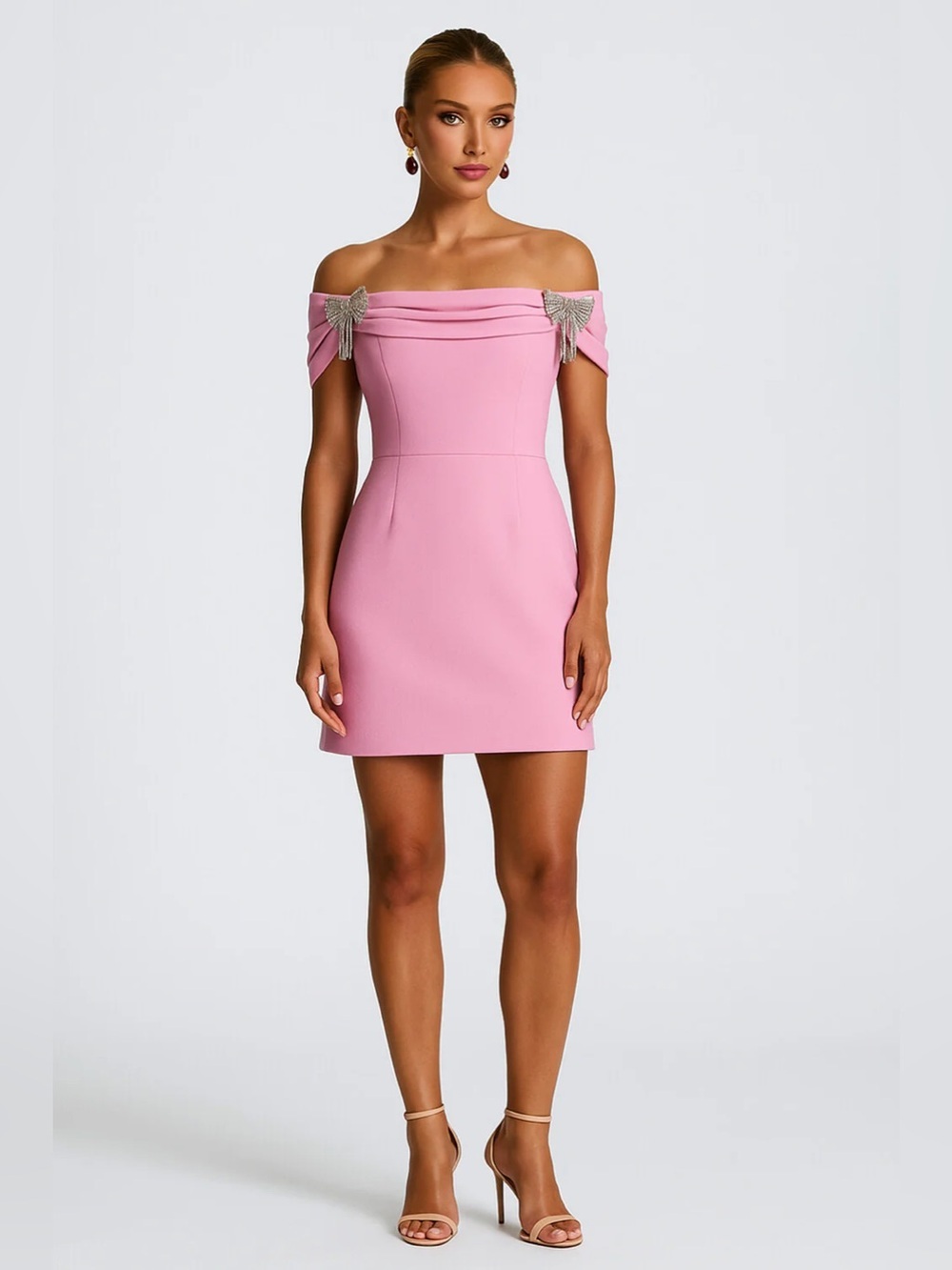 Rebecca Vallance Odetta Bow Off-Shoulder Mini Dress with Embellished Coquette